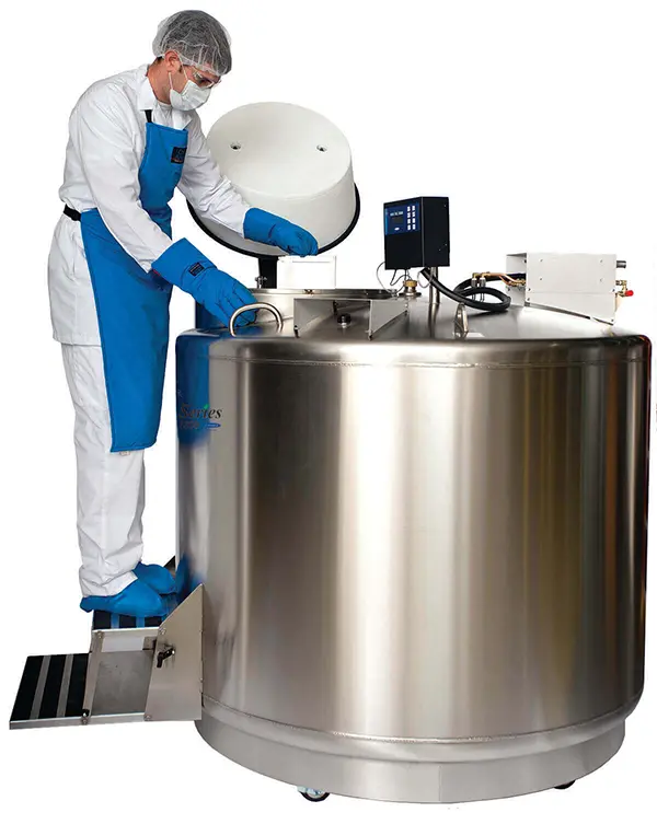 Lab Worker Wearing PPC Using a Vario Freezer Unit